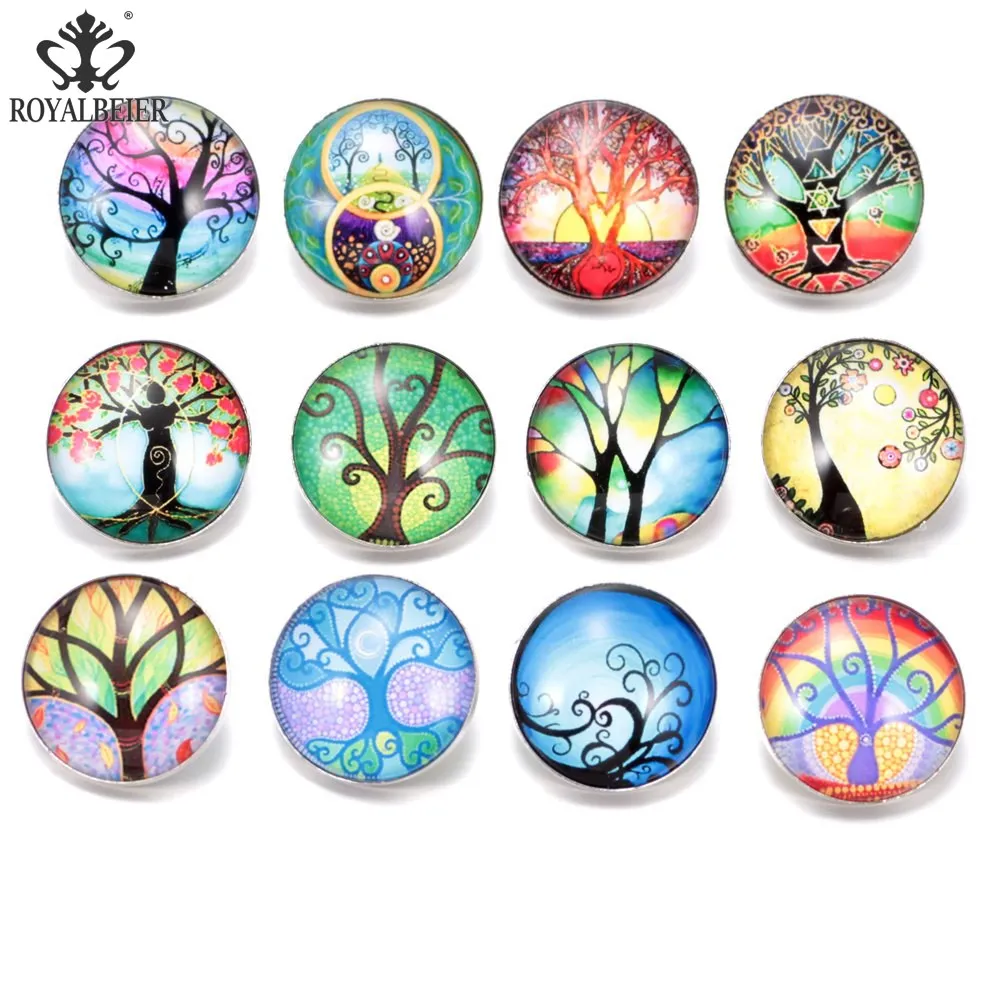 RoyalBeier Tree of Life 18mm Snap Buttons 12pcs/Lot Convex Glass Snaps Fit DIY Bracelets For Charming Unisex Jewelry Bijoux | Украшения и