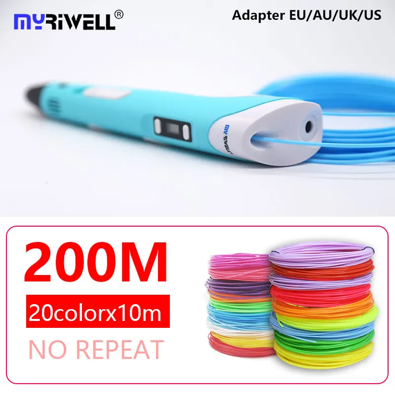 blue 200m Myriwell 3d Ручка светодиодный/ЖК-дисплей 1,75 мм нить pla 3d ручка 3d Ручка 3 d ручка умный ребенок подарок на день рождения игрушки с рисунком - Цвет: blue 200m