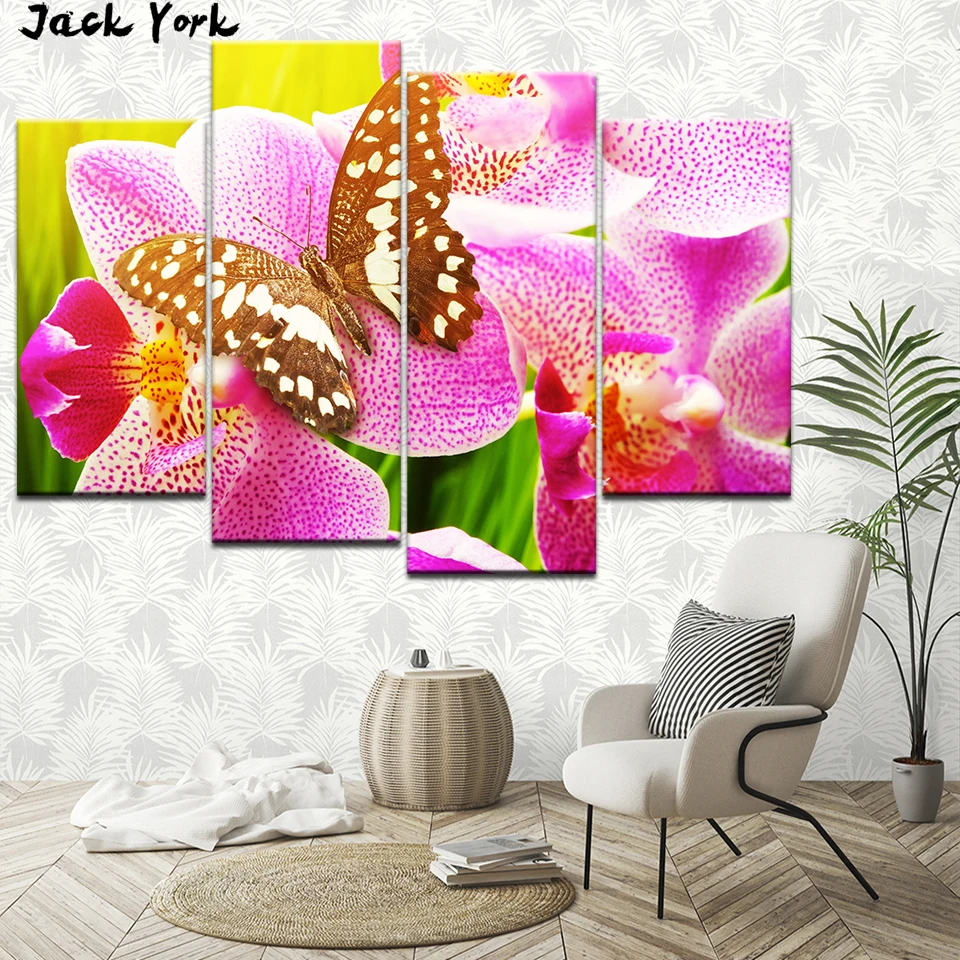 

Canvas Painting Butterfly resting on the phalaenopsis 4 Pieces Wall Art Painting Modular Wallpapers Poster Print Home Decor