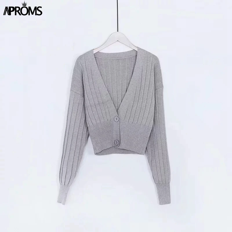 Aproms, сексуальный ребристый вязаный укороченный женский свитер, Осень-зима, зеленый, длинный рукав, на пуговицах, вязанный, теплый кардиган, джемпер, Pull