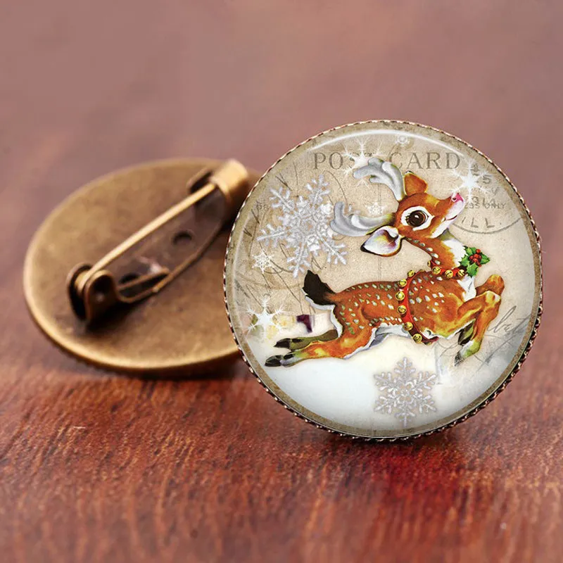 Милый олень рождественские стеклянные Броши Булавки Снеговик Санта Клаус