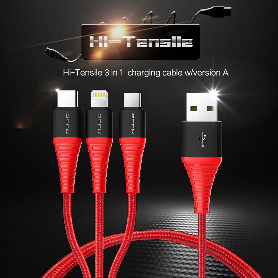 Высокопрочный зарядный usb-кабель для iPhone X 8 7 6 6 Plus, ROCK 3 в 1 USB type C Micro usb и зарядный кабель для зарядного устройства iPhone