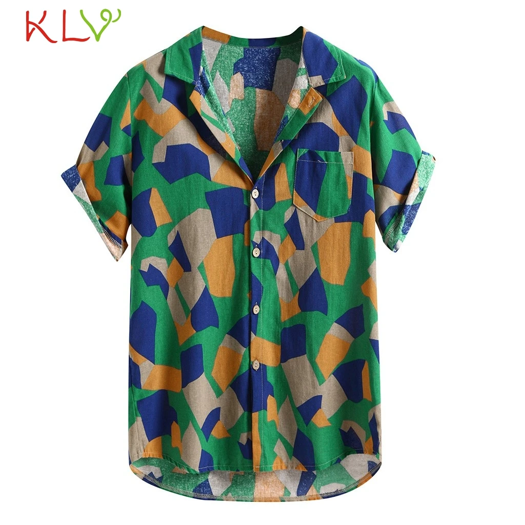 Blouse Shirt Men Linen Summer Hawaiian Print V Neck Top Short Sleeve Casual Harajuku Camisa Hombre Streetwear Clothes 19Jun