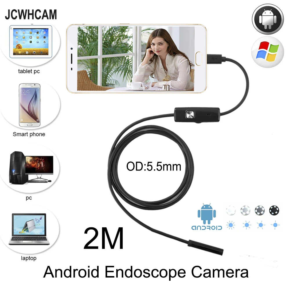 JCWHCAM 5 мм объектив Android OTG USB эндоскоп камера 2 м смартфон на бороскоп осмотр змеиная