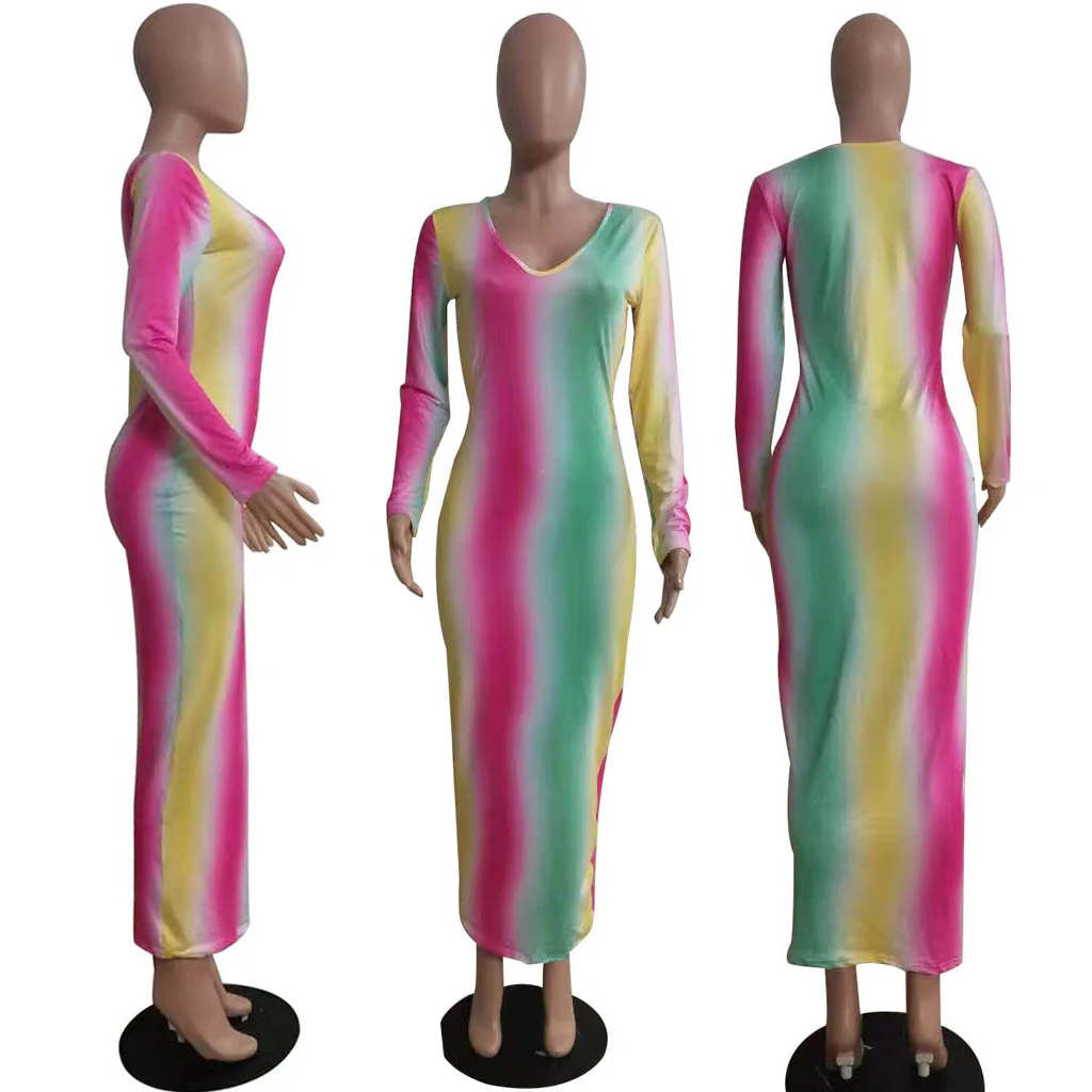 

Rainbow Wave Striped Print Bodycon Dresses Women Sexy O Neck Long Sleeve Night Club Party Dress Spring Ankle Length Pencil Dress