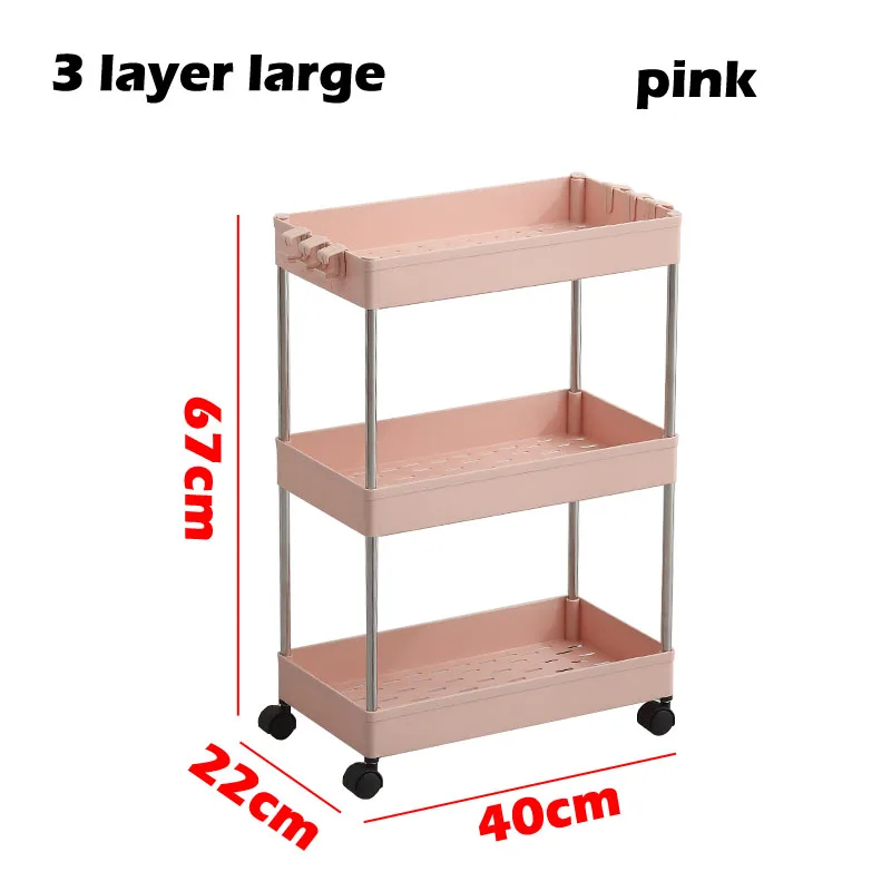 3 layer-large-pink 2/3/4 Слои Gap Кухня стеллаж для хранения тонкий слайд башня подвижные собрать Пластик Ванная комната полка колеса Экономия пространства Организатор - Цвет: 3 layer-large-pink
