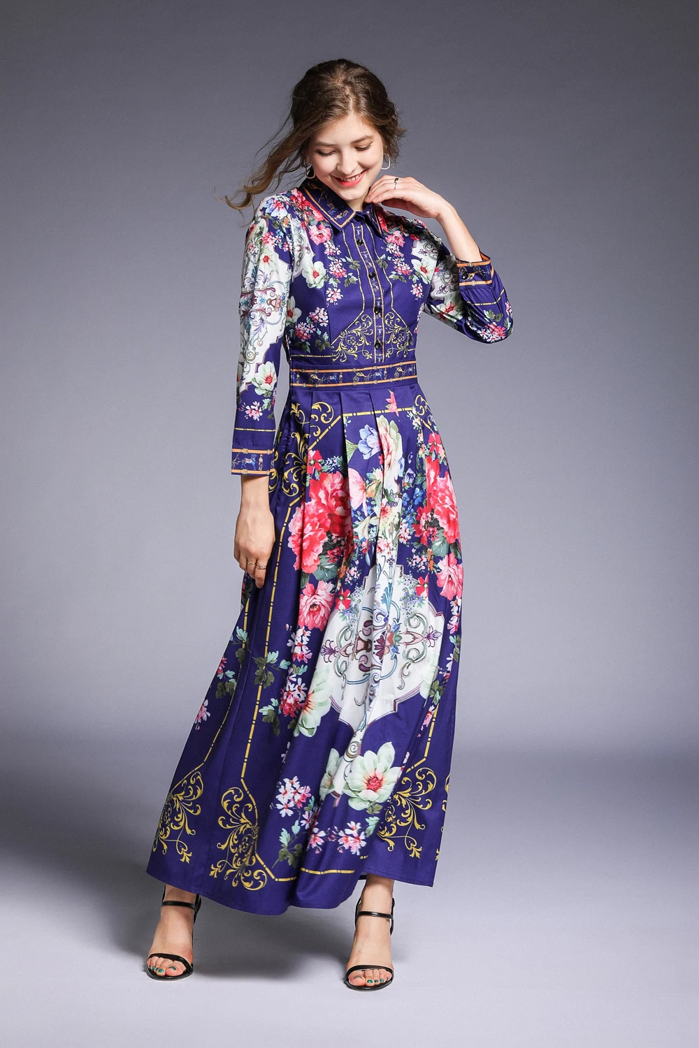 2019 Spring Summer Fall Runway Vintage Floral Print Collar Long Sleeve Empire Waist Women Lady Party Casual A-Line Maxi Dress | Женская