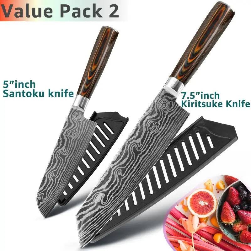 7.5 5 Value pack 2 Кухонный нож 7,5 дюймов 7CR17 440C поварские ножи из нержавеющей стали имитация Дамасского мяса Тесак слайсер Santoku 4 шт. набор инструментов - Цвет: 7.5 5 Value pack 2