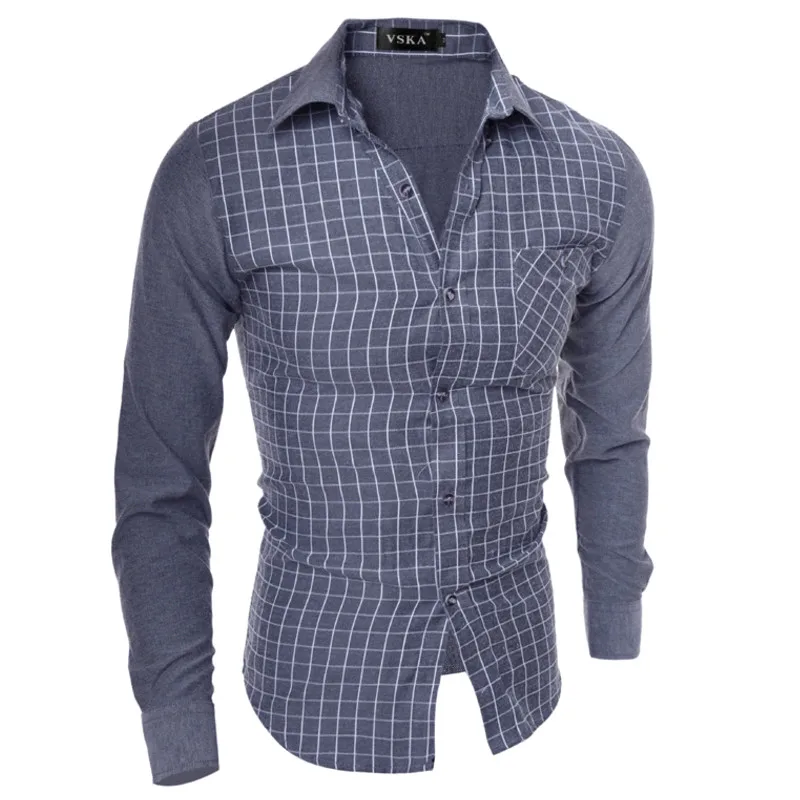 Men's new hot fashion the perfect grid splicing long-sleeved shirt personality cultivate one's morality leisure business | Мужская