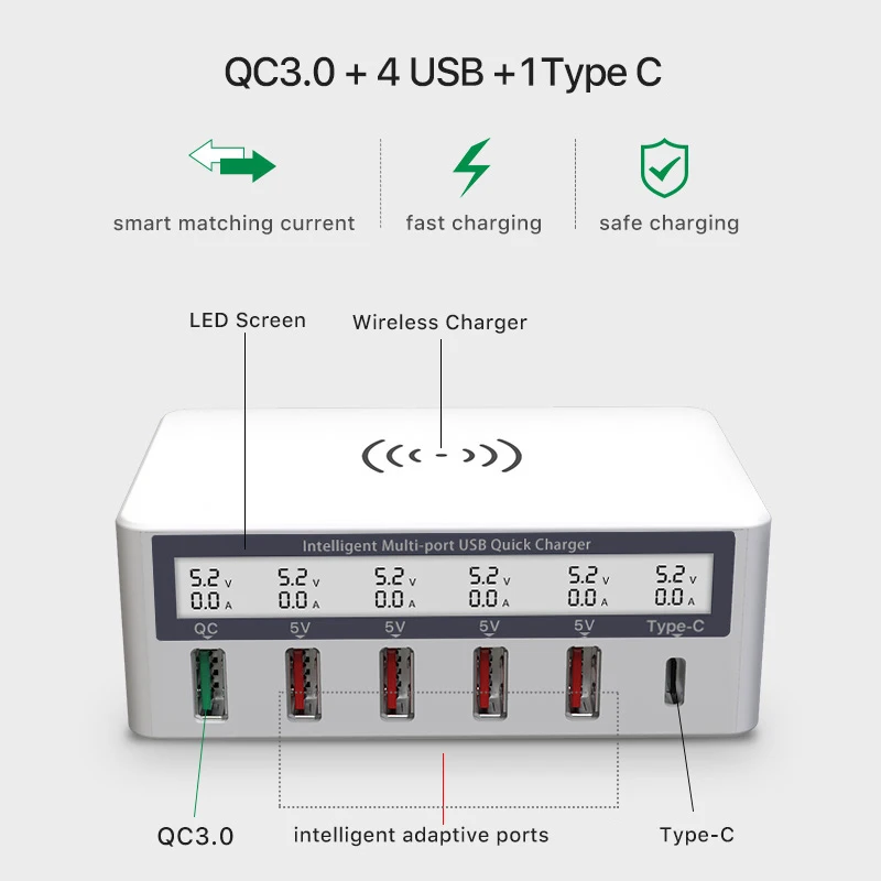 QI Беспроводное зарядное устройство QC3.0 usb type C зарядное устройство Led мобильный телефон быстрое зарядное устройство для iPhone samsung S10 USB адаптер зарядная станция