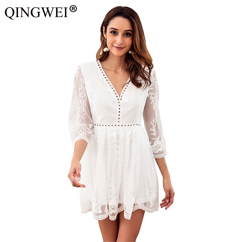 

QINGWEI Summer Lace Patchwork Sexy Dress Women V Neck Embroidery Mini Dress Summer Short Sleeve Dresses Party Wedding Vestidos