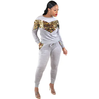 Women Tracksuit two Pieces Set Winter Embroidery Velvet Sequin Casual long sleeve Tops + Long Pants Suit 2 Piece Outfits |