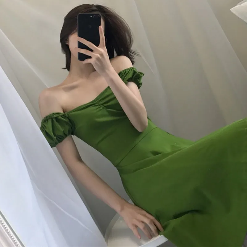 Женское винтажное платье ulzzang зеленое с воротником-лодочкой корейская мода