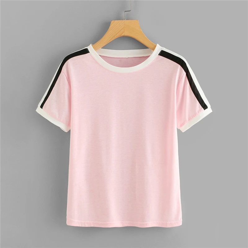 SweatyRocks, полосатая футболка с рукавом, уличная одежда, короткий рукав, модная кавайная футболка, лето, повседневные женские базовые розовые Топы