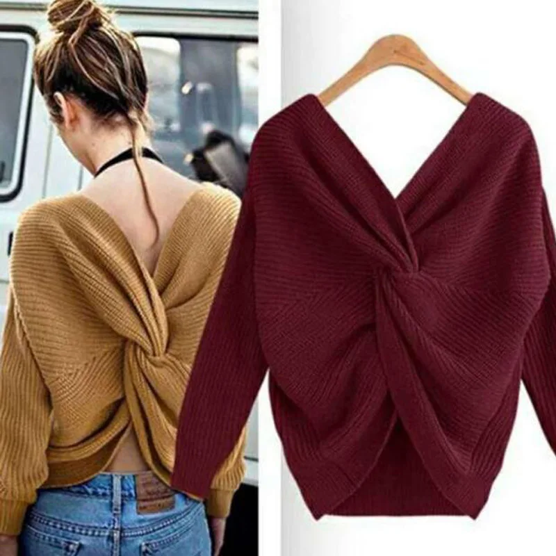 Autumn And Winter Two Wear Loose V-neck Pullover Irregular cross knotted knit sweater Sexy Fashion Ladies Tops XNW570 | Женская одежда