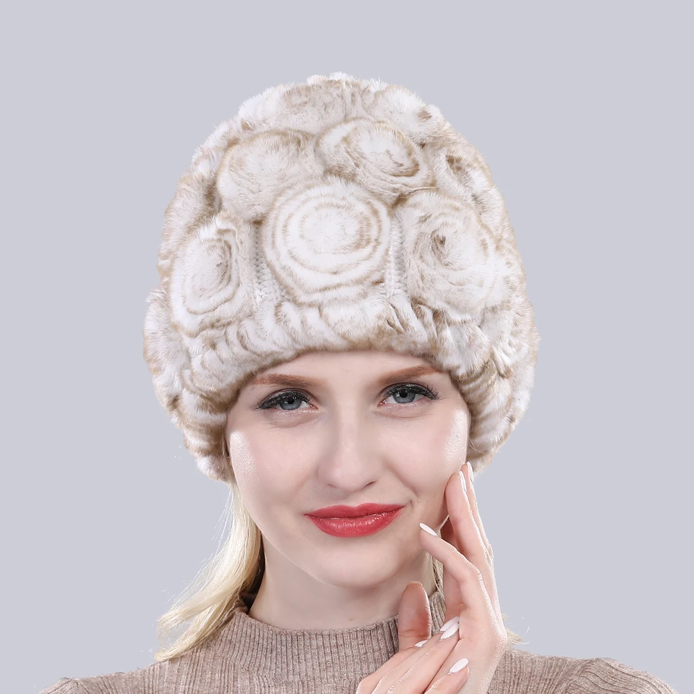 Новая Женская эластичная шапка с цветами, настоящий мех кролика, зимняя вязаная Цветочная шапка из натурального меха, женские пушистые шапки из натурального меха