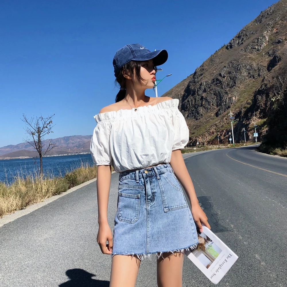Blue Pockets Casual Mini Denim Skirt Spring Summer New Bodycon Women Skirt Basic Women Jeans Skirt High Waist Saias