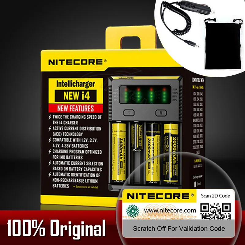 Высокое качество батареи Nitecore D4 D2 I4 I2 зарядное устройство ЖК-дисплей Интеллектуальный литий-ионный 18650 14500 26650 16340 AA автомобильное зарядное устройство ЕС - Цвет: I4 Car Cable Bag