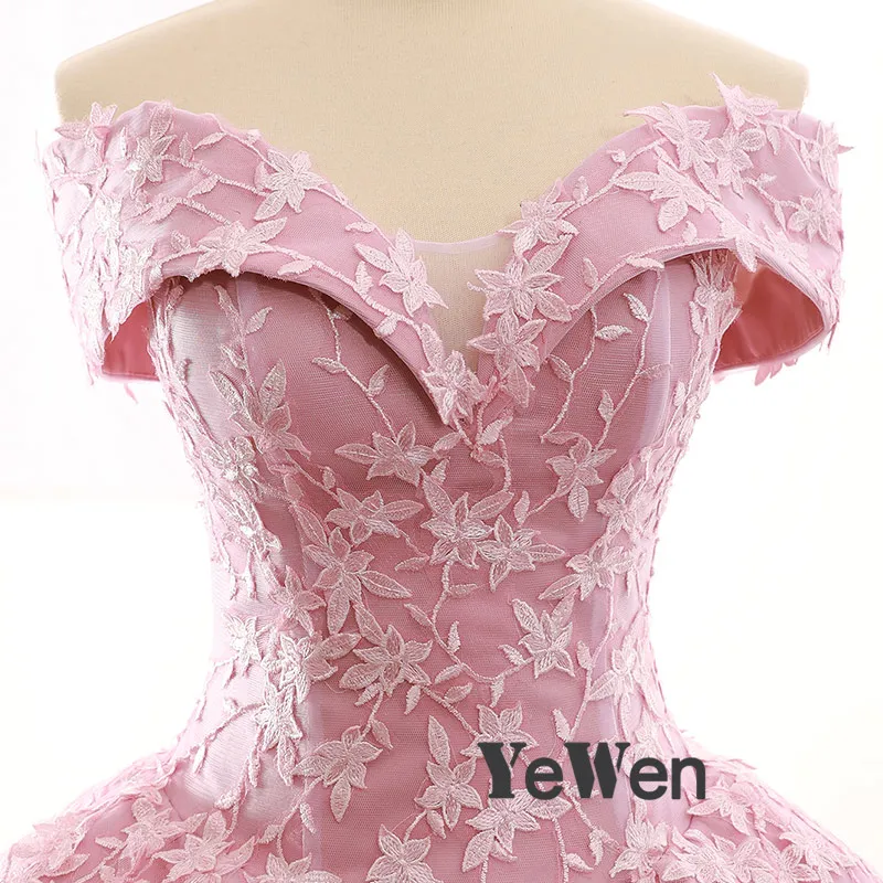 Розовое розовое длинное вечернее платье с v-образным вырезом, с аппликацией кружева высокого качества Пышное выпускное платье с открытыми плеч вечернее