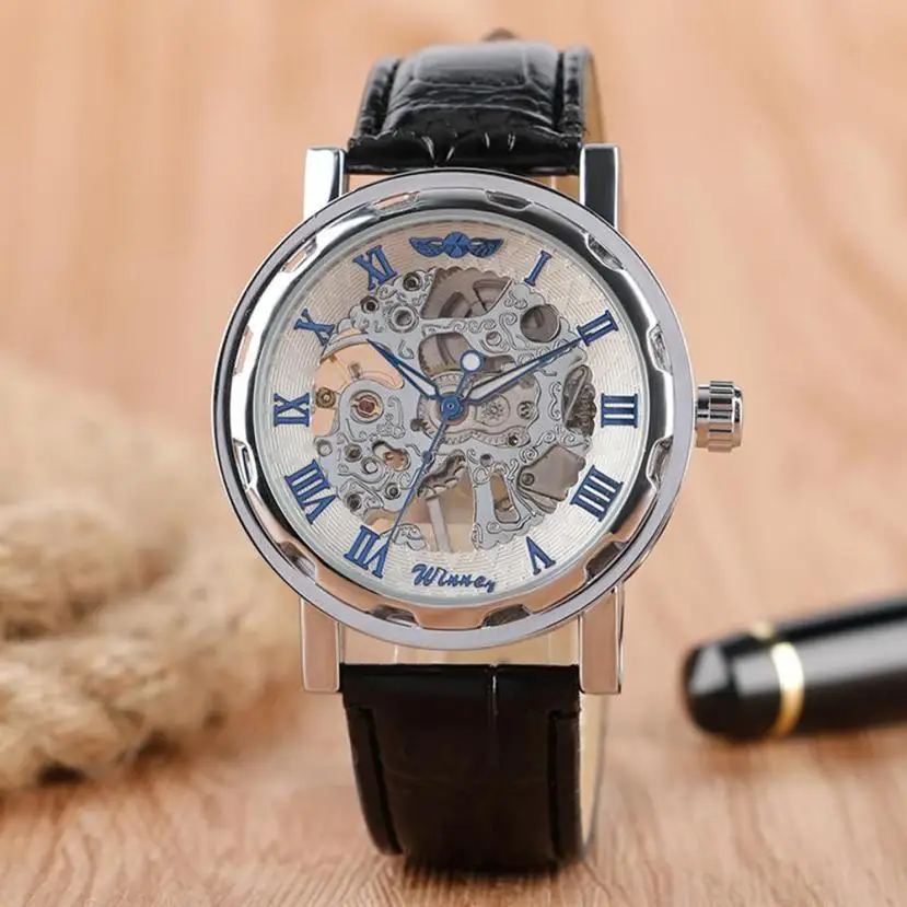 Скелет механические часы Для мужчин кожа циферблат Автоматическая Бизнес
