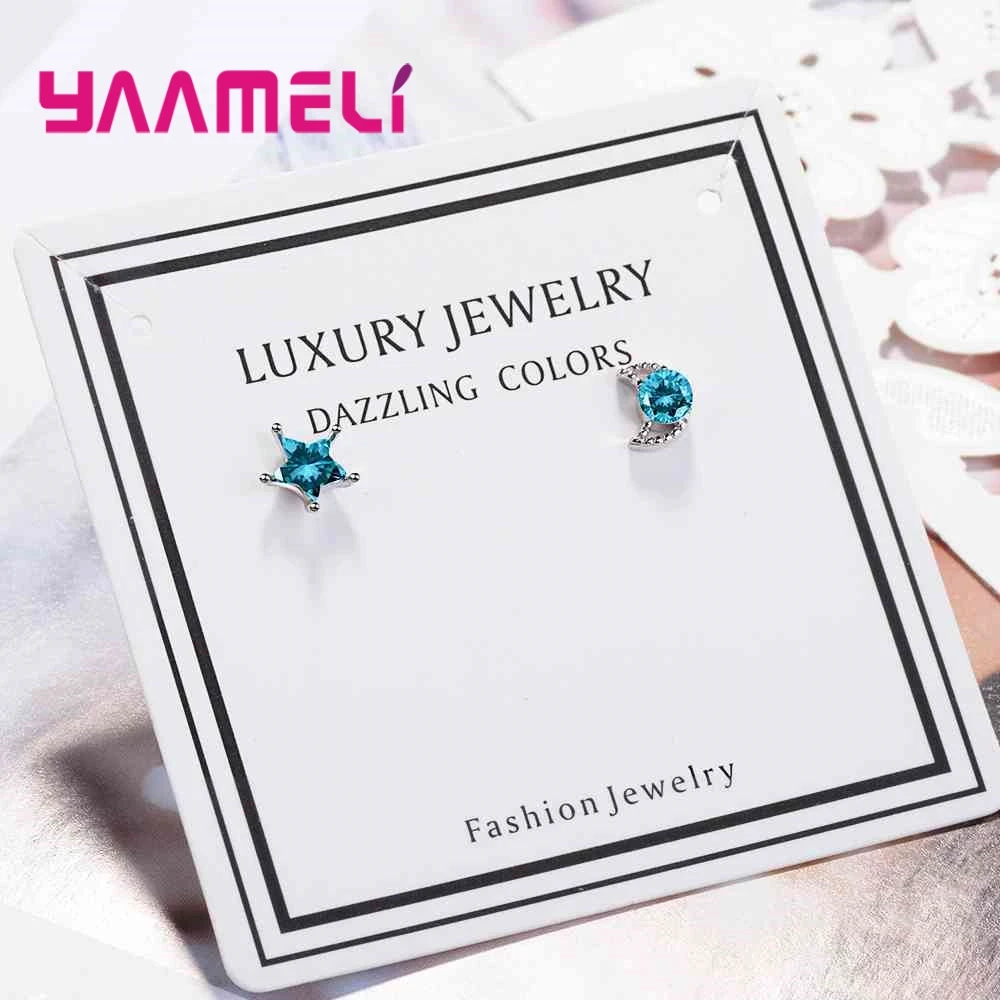 

New Fashion Shiny Blue Crystal Moon Star Long Drop Earrings 925 Sterling Silver Jewelry Hypoallergenic Earrings