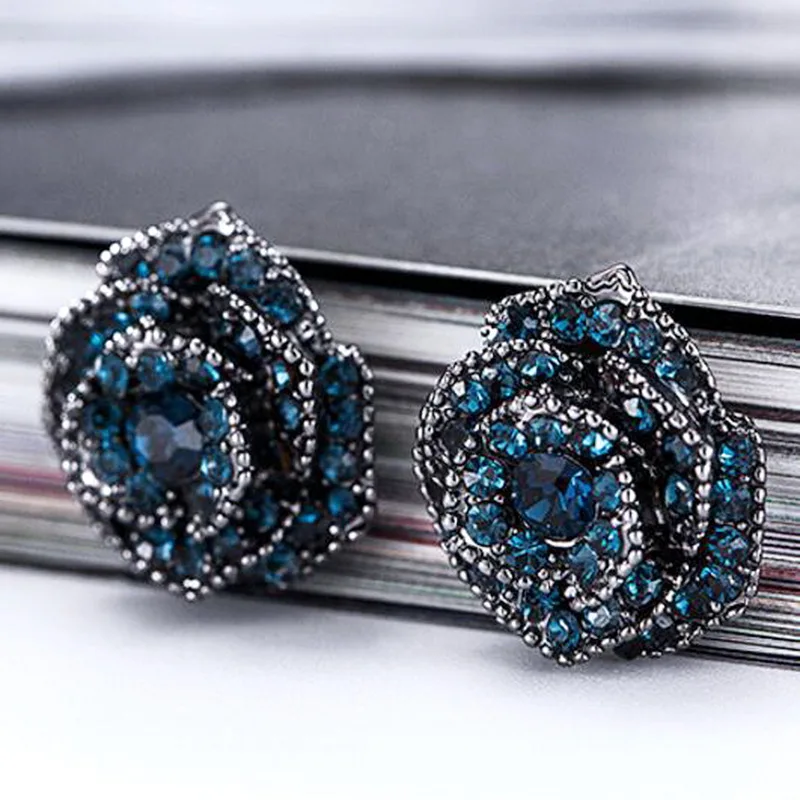 Женские винтажные серьги подвески с голубыми кристаллами в форме розы бижутерия