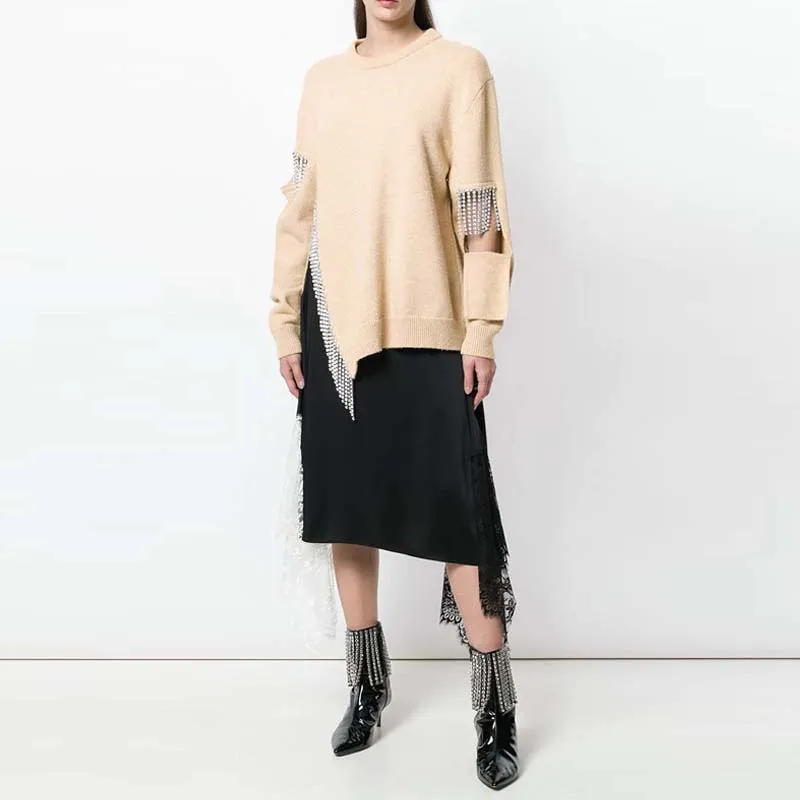 YNZZU Rhinestone Tassel Chic Women's Sweater 2019 Spring Casual Hollow O Neck Women Pullovers Loose Jumper pull femme YT511 | Женская