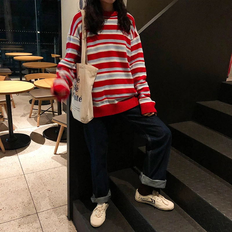 Women's Clothing Cute Kawaii Retro Lazy Ins Embroidery Letters Loose Striped Sweater Lady Harajuku Ulzzang Sweaters For Women | Женская