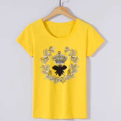 Кораллово-Красный Женская летняя футболка с коротким рукавом, расшитая блестками, с принтом, модная, тонкая, белая, женская дизайнерская одежда - Цвет: Кораллово-Красный