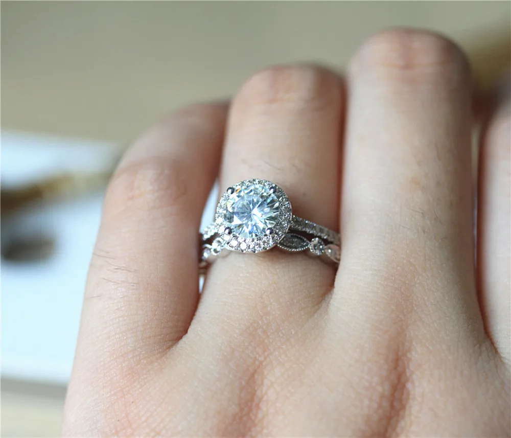

DUPUY 14K White Gold Engagement Ring Set 1.0ct Round Cut Forever Classic Ring Art Deco Full Eternity Diamonds Wedding Ring Sets