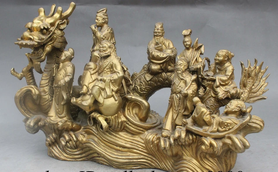 14 Chinese Folk Myth Brass Eight Immortal God Ride Dragon Crossing River Statue | Дом и сад