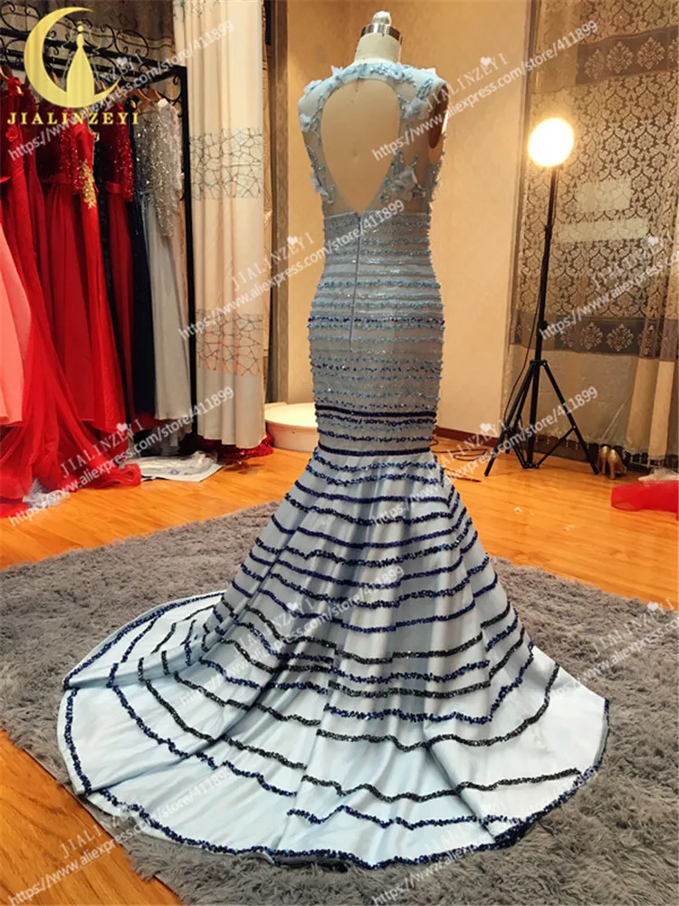 

JIALINZEYI Real Sample Blue Beads Organza With Beads Mermaid See Through Top Formal dresses Party Evening Dresses 2021