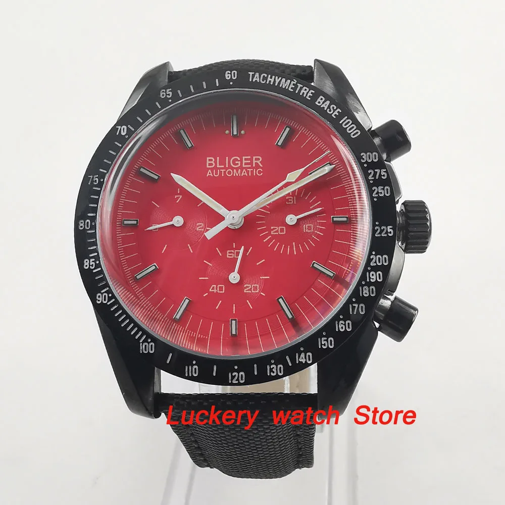 

40mm bliger watch black case red dial Arched glass Multifunction date Automatic movement men watch-BA68