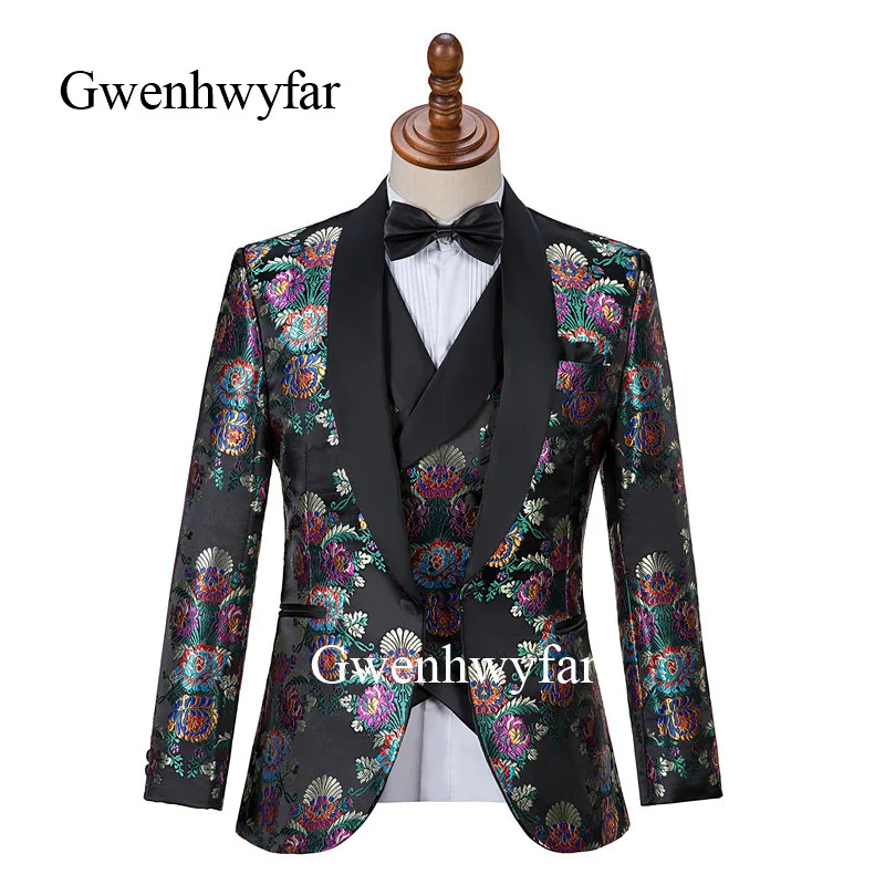 Роскошные мужские Цветочные костюмы Gwenhwyfar 2019 черный облегающий женский