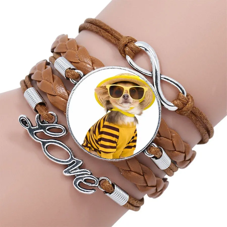 Женский винтажный стеклянный многослойный браслет черный/коричневый кожаный