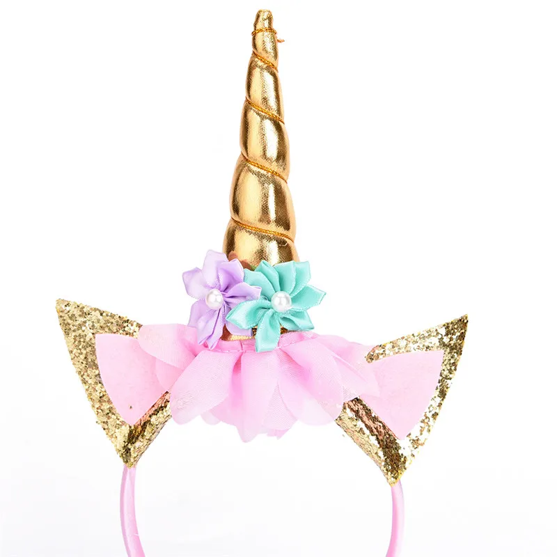 Child Cat Ear Headband Tiara Glitter Metallic Rainbow Bowknot Unicorn Horn With Flowers Hair Hoop Party Gift For Kids |