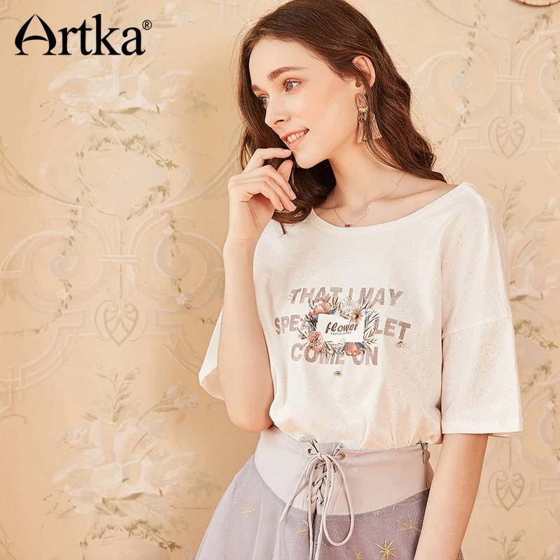 Женская хлопковая Футболка ARTKA Повседневная Свободная футболка с круглым