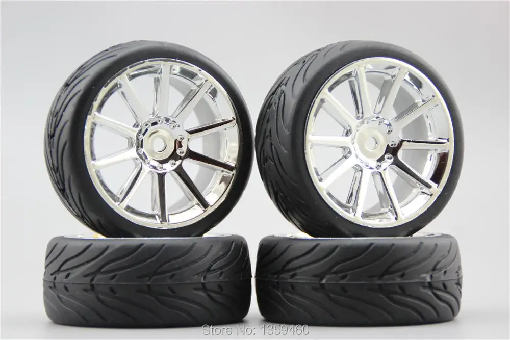 4pcs RC 1/10 Soft Rubber On Road Car Tire Tyre Wheel Rim W10S1C 0mm Offset(Chrome) 10486+Rubber | Игрушки и хобби