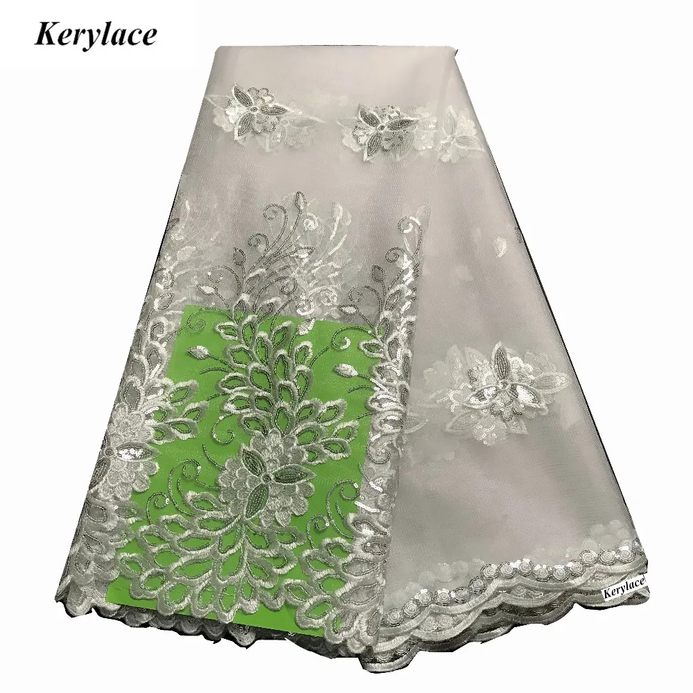 Последняя качественная белая кружевная ткань в африканском стиле с пайетками