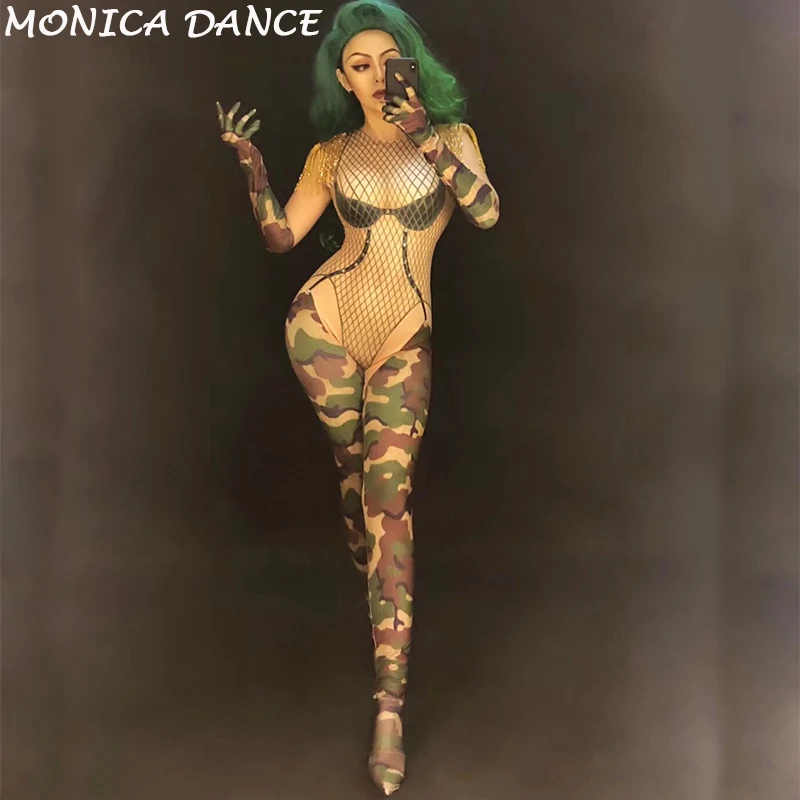 Sexy Camouflage Printed Tassel Jumpsuit And Gloves Nightclub Female Singer Stage Bodysuit Women's Party Celebrate Show Leggings
