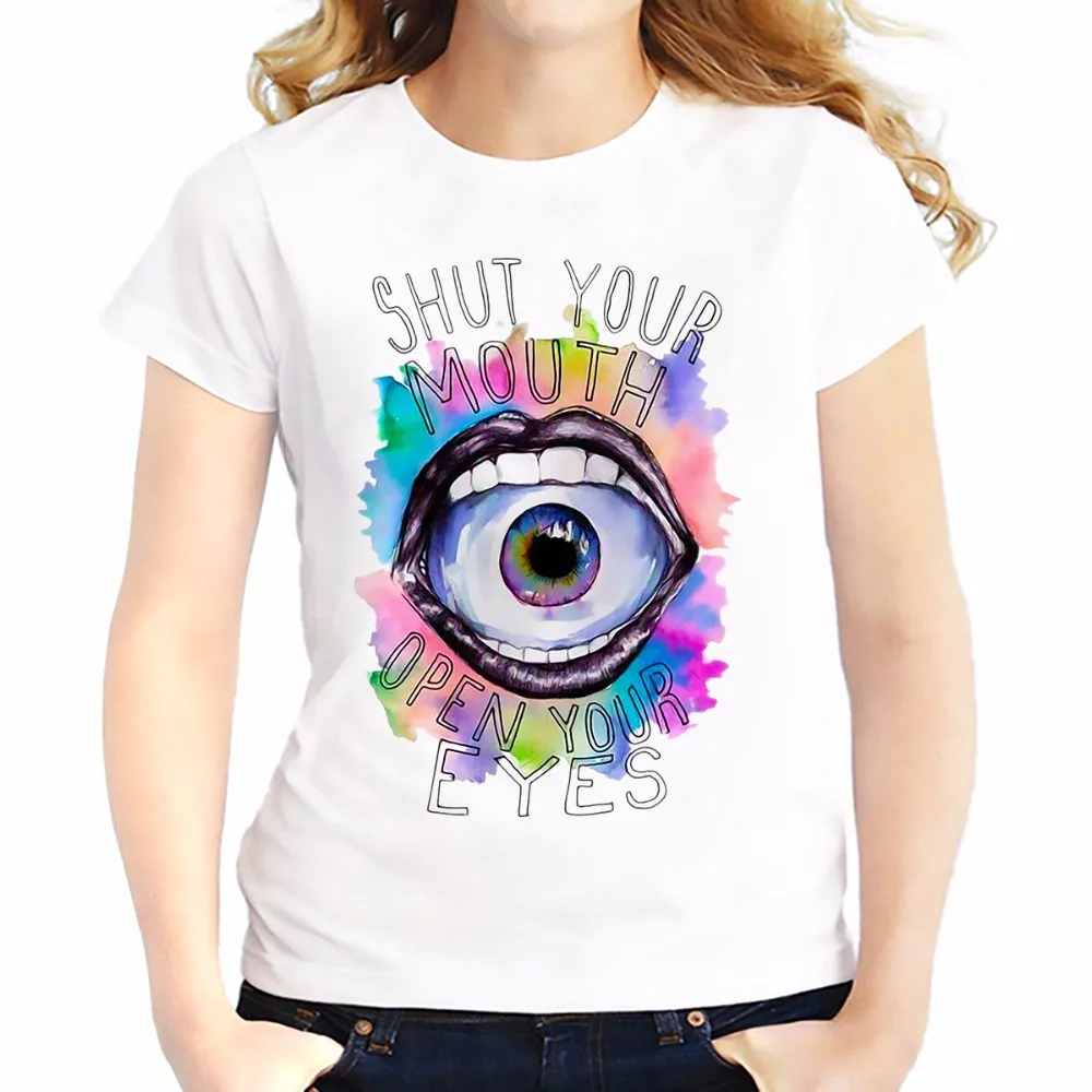Женская футболка с надписью shut your mouth open eyes новая модная Повседневная коротким
