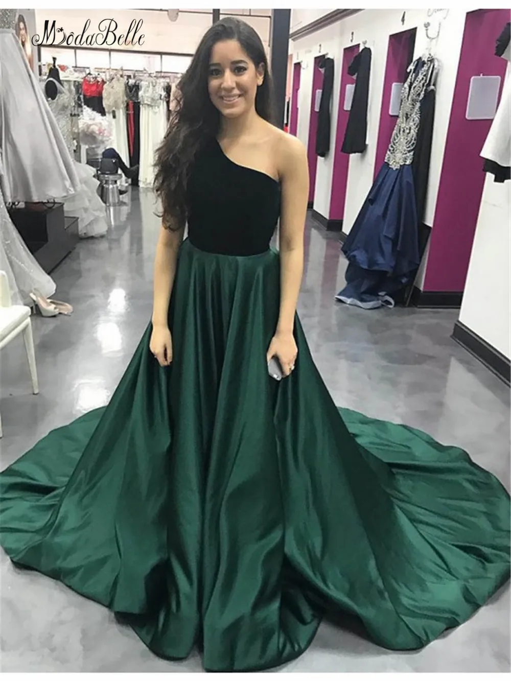 

modabelle One Shoulder Prom Dress Green Vestifos Largos De Fiesta Satin Formal Women Prom Dress 2019 Robe De Bal Longue