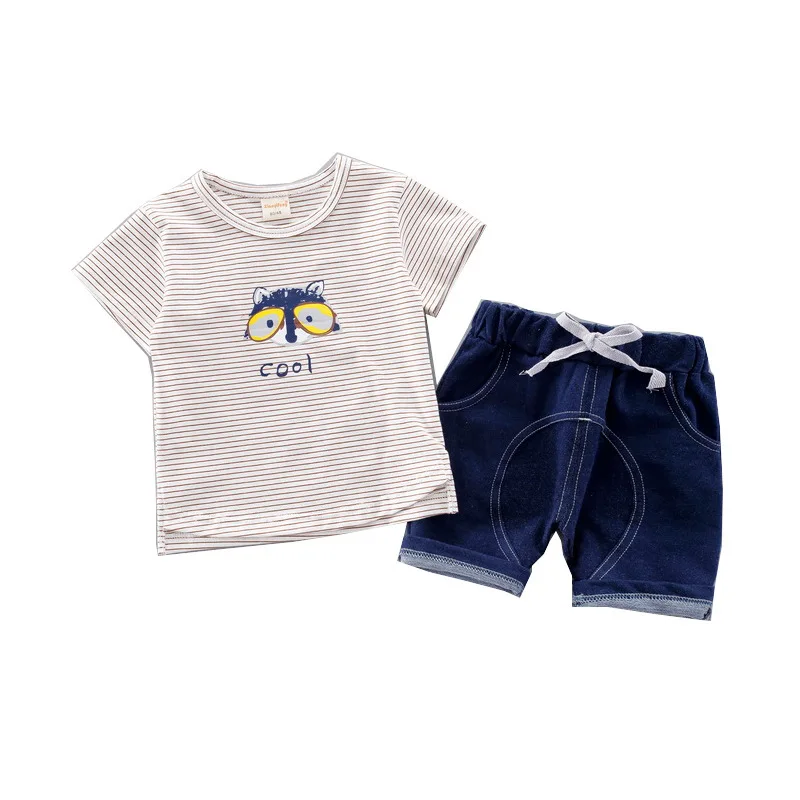 JIOROMY 2019 Children's Garment Short Sleeve Suit Stripe Cartoon Twinset Male Girl Children |