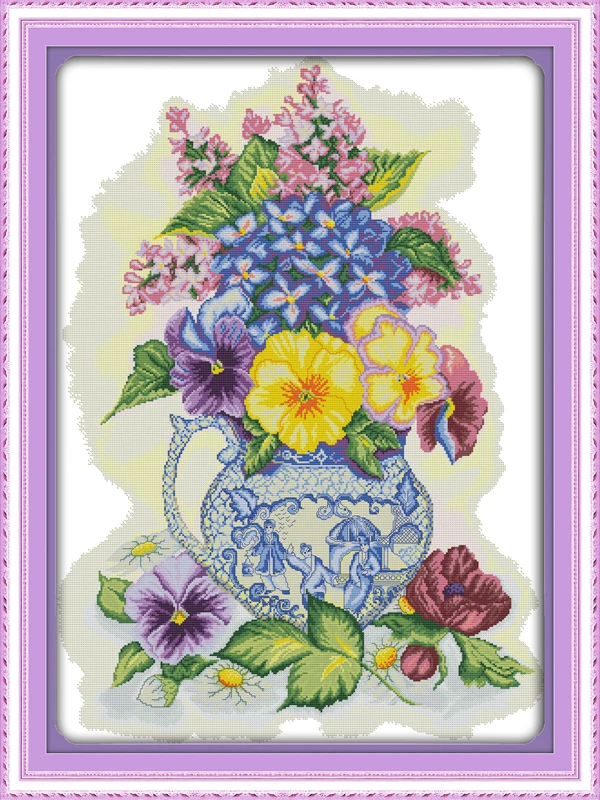 

Three color vase cross stitch kit flower 14ct 11ct printed fabric canvas stitching embroidery DIY handmade needlework