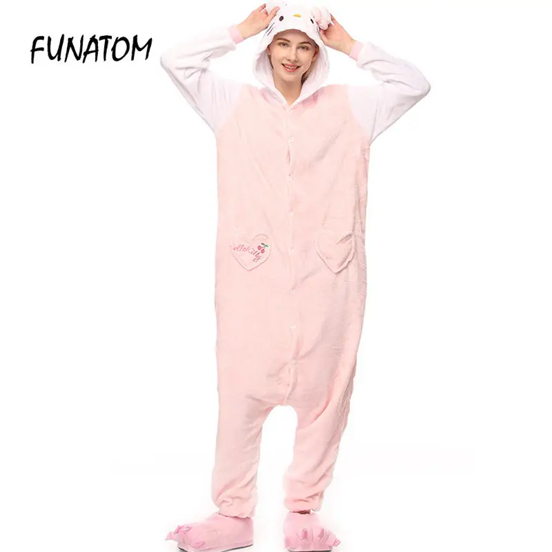 Розовый KT Cat Kigurumi Onesie взрослых для женщин животных пижамы девочек Теплые мягкие