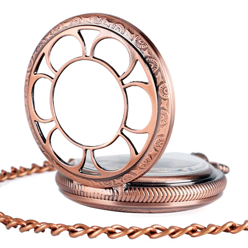 Self- Wind Hollow Flower Pendant Pocket Watch Rose Copper Women Open face design Chain Watches Men  Automatic Mechanical Clock