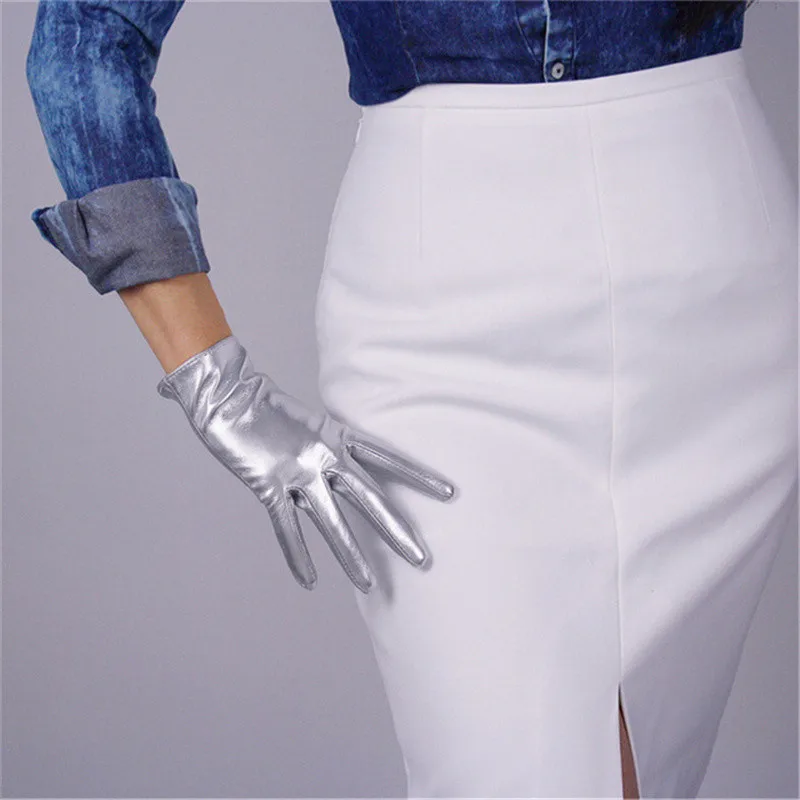 Patent leather Silve Модные короткие перчатки, искусственная кожа, лакированная кожа, темно-коричневый, коричневый, черный, белый цвет, женские, 21 см, 3-TB32 - Цвет: Patent leather Silve