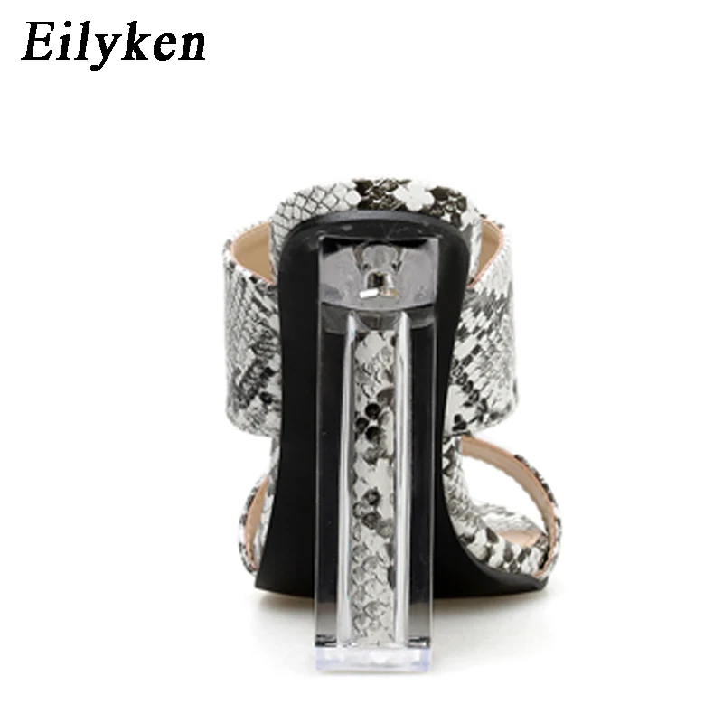 Eilyken/Новинка года; Шлепанцы из змеиной кожи с открытым носком; пикантные женские босоножки-шлепанцы на прозрачном квадратном каблуке 11 см; туфли-лодочки