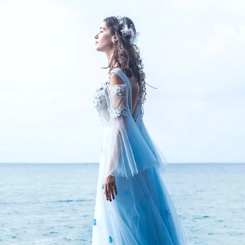 Высокое качество 2019 красивое синее свадебное платье с аппликацией Vestido de Noiva es