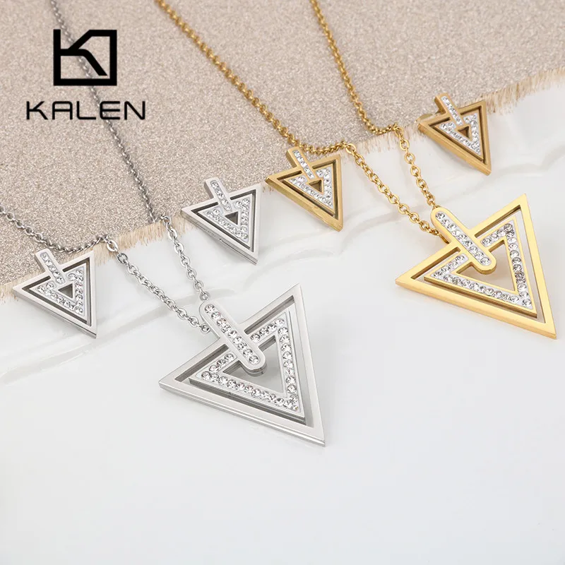 

Kalen Stainless Steel Jewelry Sets For Women Zircon Double Triangle Pendant Necklaces & Earrings Sets Women Wedding Jewelry Gift